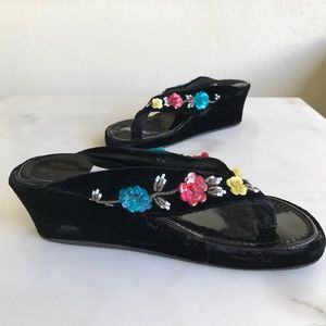 Fred Segal Vintage Black Velvet Wedge Sandals